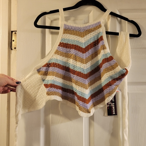 Knit bandana tie up shirt NWT size L "almost famous" blue, purple, white, tan - Picture 2 of 5